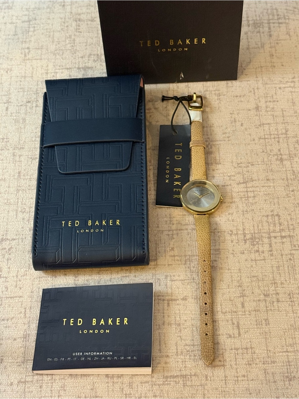 Ted Baker Gold-Tone Case Watch with Tan Leather Strap and Navy Travel Pouch